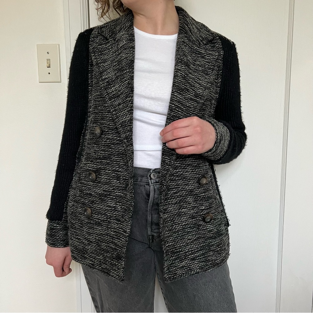 BP woven color block double-breasted jacket pea coat  black grey S